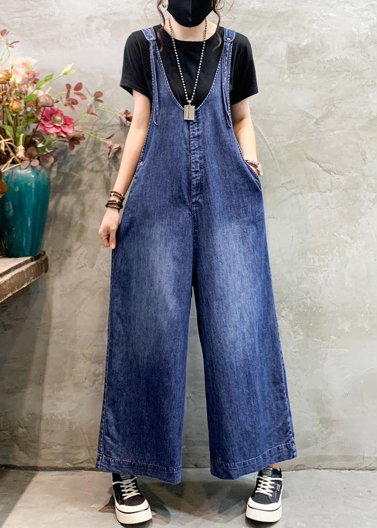 Art Blue V Neck Patchwork High Waist Denim Wide Leg Jumpsuits Spring