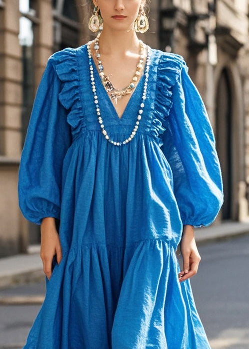 Art Blue V Neck Ruffled Cotton Vacation Dress Fall