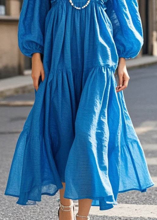 Art Blue V Neck Ruffled Cotton Vacation Dress Fall