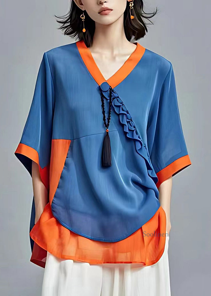 Art Blue V Neck Ruffled Patchwork Chiffon Top Short Sleeve