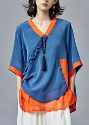 Art Blue V Neck Ruffled Patchwork Chiffon Top Short Sleeve