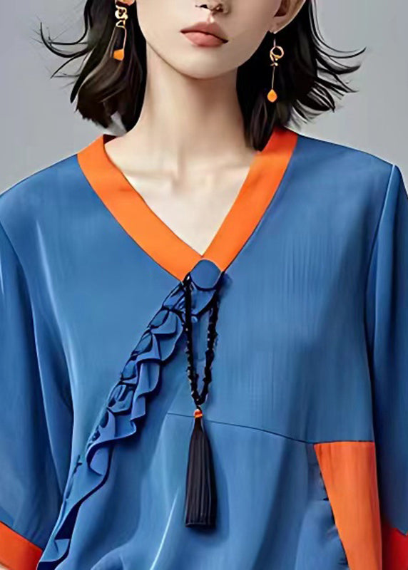 Art Blue V Neck Ruffled Patchwork Chiffon Top Short Sleeve