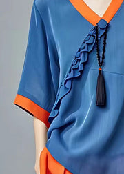 Art Blue V Neck Ruffled Patchwork Chiffon Top Short Sleeve