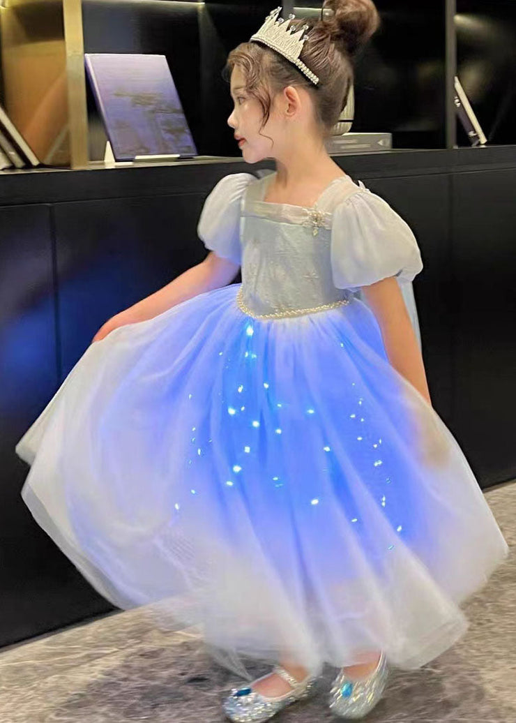 Art Blue Wrinkled Sequins Patchwork Tulle Kids Girls Princess Dresses Summer