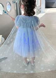 Art Blue Wrinkled Sequins Patchwork Tulle Kids Girls Princess Dresses Summer