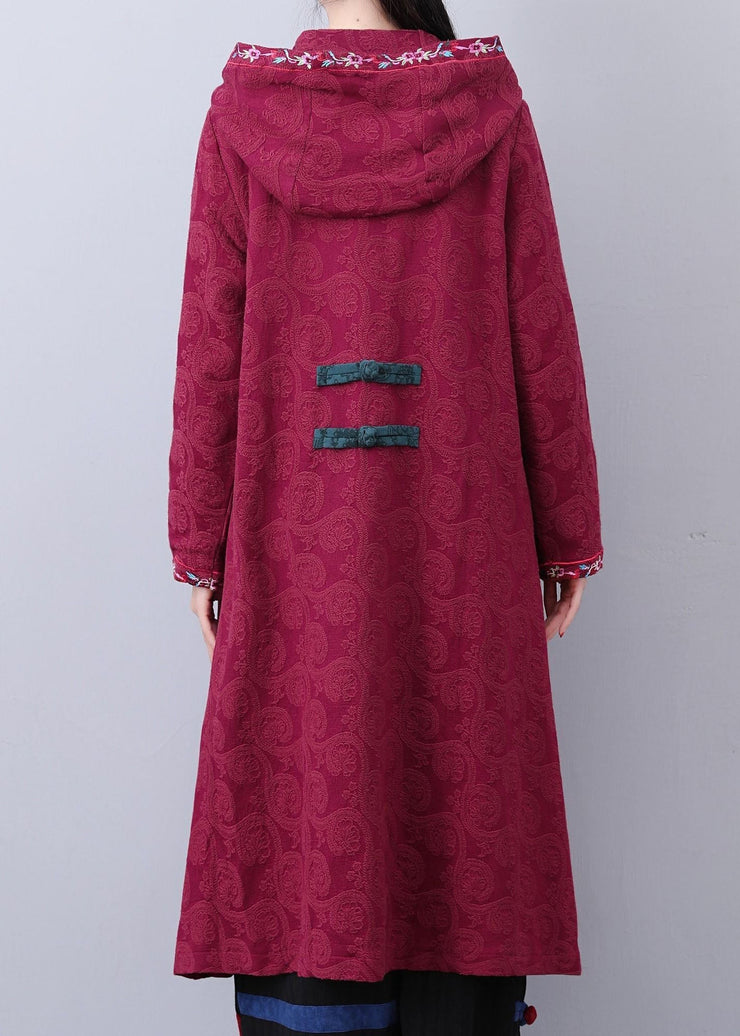 Art Brick Red Hooded Embroideried Jacquard Long Coat Fall