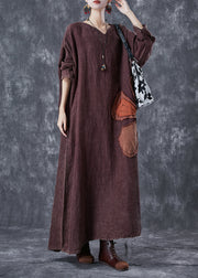 Art Brick Red Oversized Patchwork Applique Linen Ankle Dress Batwing Sleeve