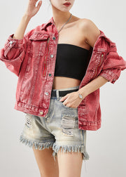 Art Brick Red Zip Up Oversized Denim Jackets Fall