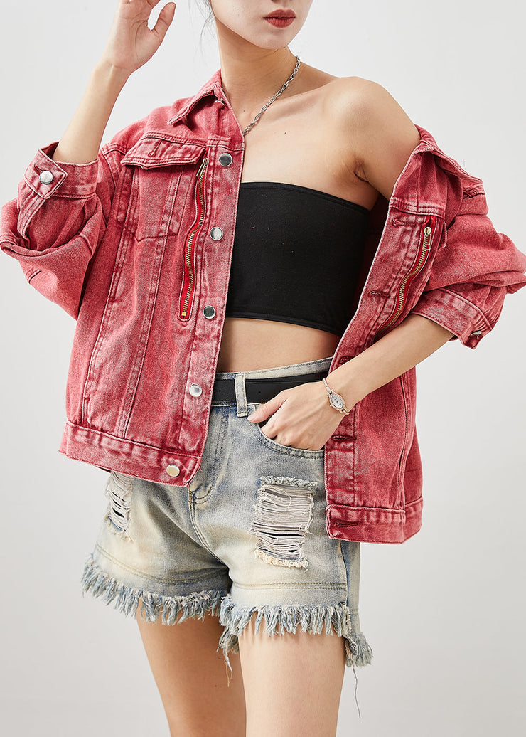 Art Brick Red Zip Up Oversized Denim Jackets Fall