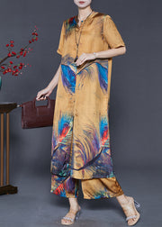 Art Brown Peacock Feathers Print Side Open Silk Two Pieces Set Summer