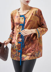 Art Brown Print Chinese Button Silk Blouse Tops Spring