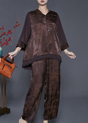 Art Chocolate Jacquard Oversized Patchwork Silk Women Sets 2 Pieces Spring