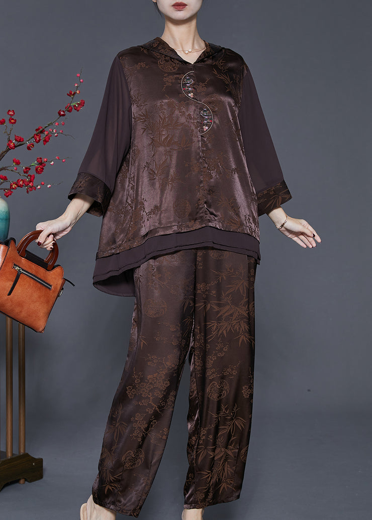 Art Chocolate Jacquard Oversized Patchwork Silk Women Sets 2 Pieces Spring