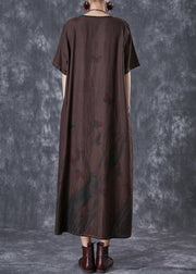 Art Chocolate Print Side Open Linen Dresses Summer