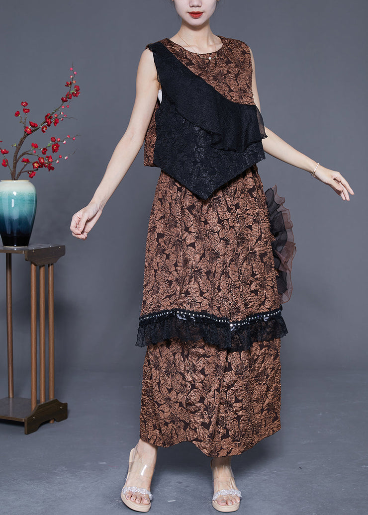 Art Coffee Asymmetrical Patchwork Ruffles Jacquard Silk 2 Piece Outfit Summer