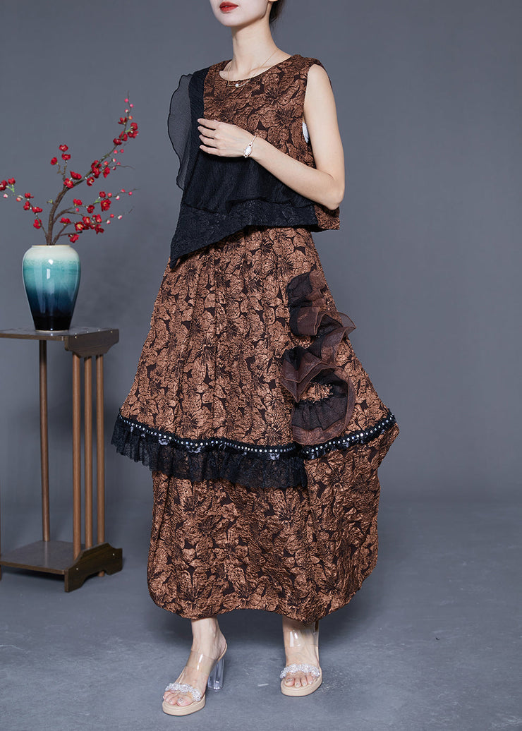 Art Coffee Asymmetrical Patchwork Ruffles Jacquard Silk 2 Piece Outfit Summer