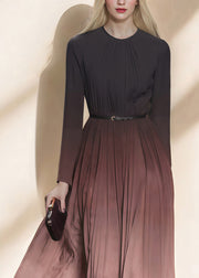 Art Coffee Gradient O Neck Wrinkled Silk Ankle Dress Spring