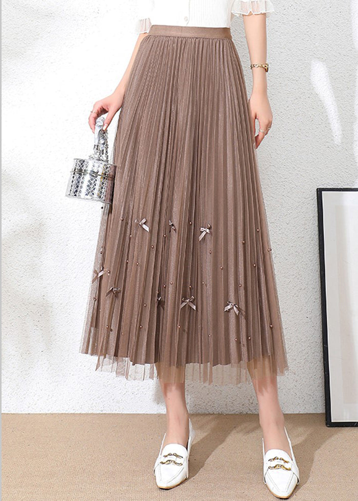 Art Chocolate High Waist Bow Draping Nail Bead Tulle Skirt Summer