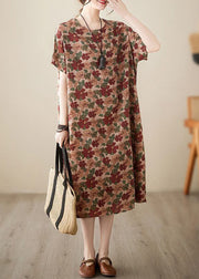 Art Coffee O-Neck Floral Print Cotton Dresses Short Sleeve