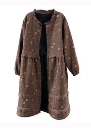 Art Coffee Print Lace Button Patchwork Warm Fleece Coat Fall