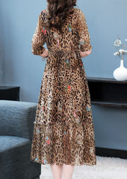 Art Coffee Ruffled Patchwork Leopard Print Silk Dress Summer