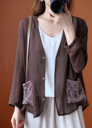 Art Chocolate V Neck Patchwork Pockets Linen Shirt Tops Spring