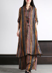 Art Coffee V Neck Striped Patchwork Silk Maxi Shirts And Wide Leg Pants Two Piece Set Spring