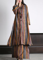 Art Coffee V Neck Striped Patchwork Silk Maxi Shirts And Wide Leg Pants Two Piece Set Spring