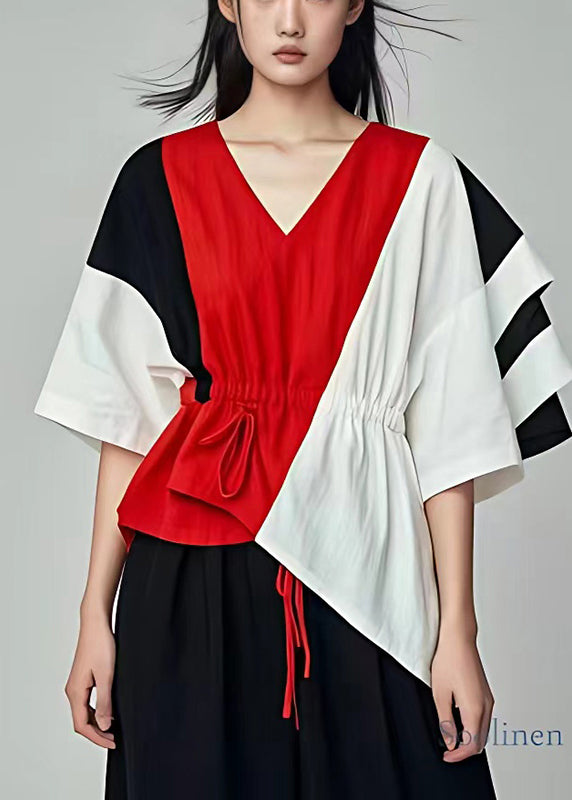 Art Colorblock Asymmetrical Patchwork Cotton Cinched Shirt Summer