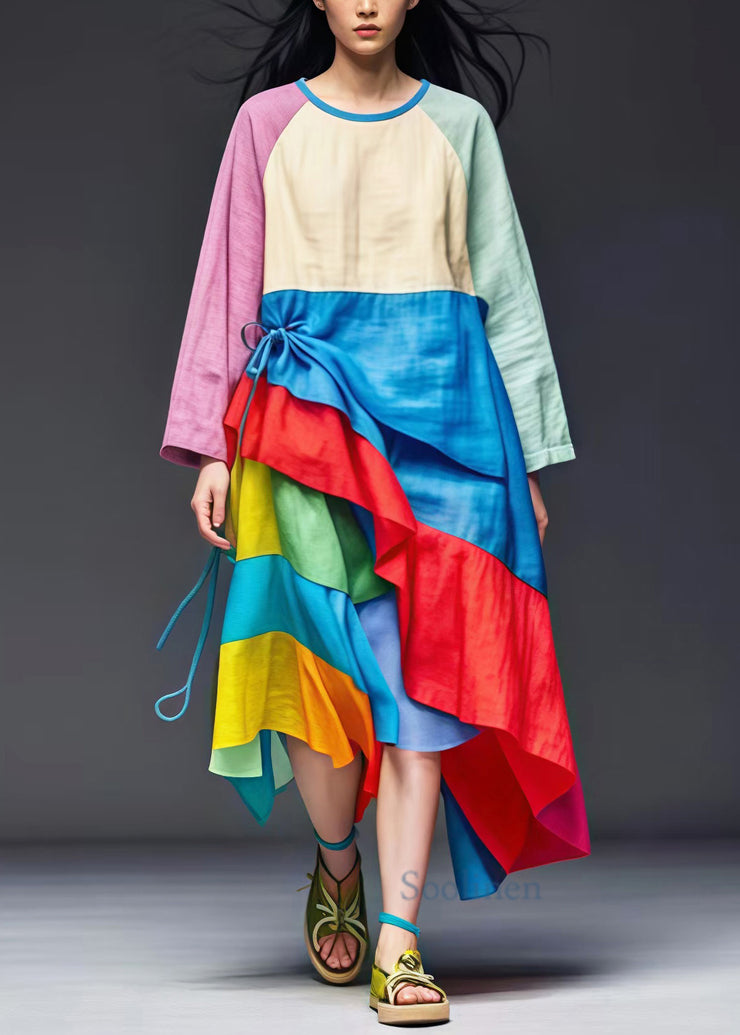 Art Colorblock Asymmetrical Patchwork Cotton Dresses Spring