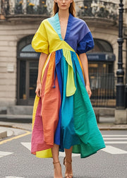 Art Colorblock Asymmetrical Patchwork Cotton Maxi Dresses Puff Sleeve