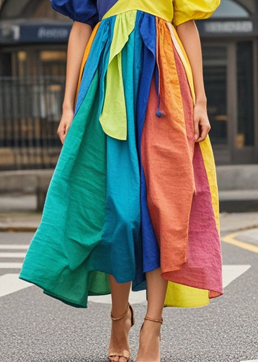 Art Colorblock Asymmetrical Patchwork Cotton Maxi Dresses Puff Sleeve