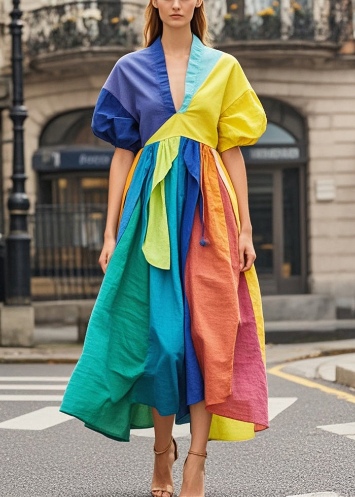 Art Colorblock Asymmetrical Patchwork Cotton Maxi Dresses Puff Sleeve