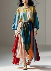 Art Colorblock Asymmetrical Patchwork Cotton Robe Dresses Spring