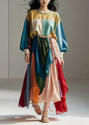 Art Colorblock Asymmetrical Patchwork Cotton Robe Dresses Spring