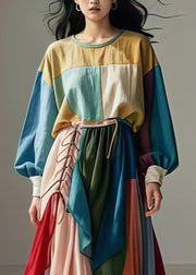 Art Colorblock Asymmetrical Patchwork Cotton Robe Dresses Spring