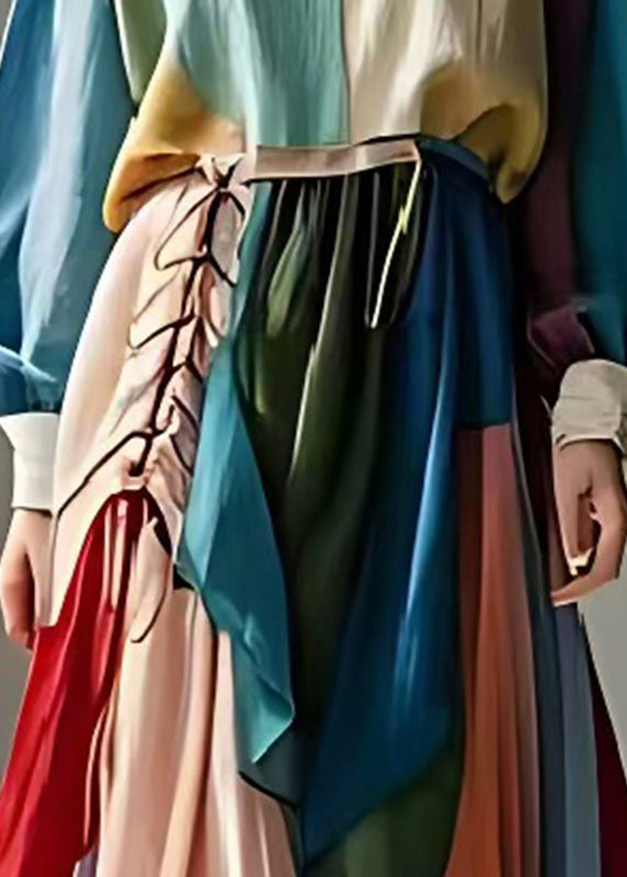 Art Colorblock Asymmetrical Patchwork Cotton Robe Dresses Spring