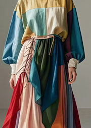 Art Colorblock Asymmetrical Patchwork Cotton Robe Dresses Spring