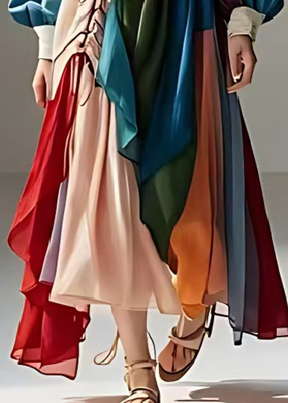 Art Colorblock Asymmetrical Patchwork Cotton Robe Dresses Spring