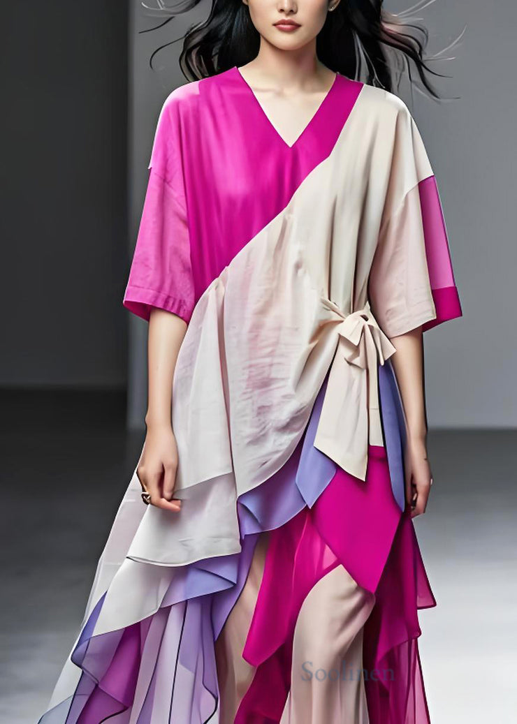 Art Colorblock Asymmetrical Patchwork Cotton Robe Dresses Summer