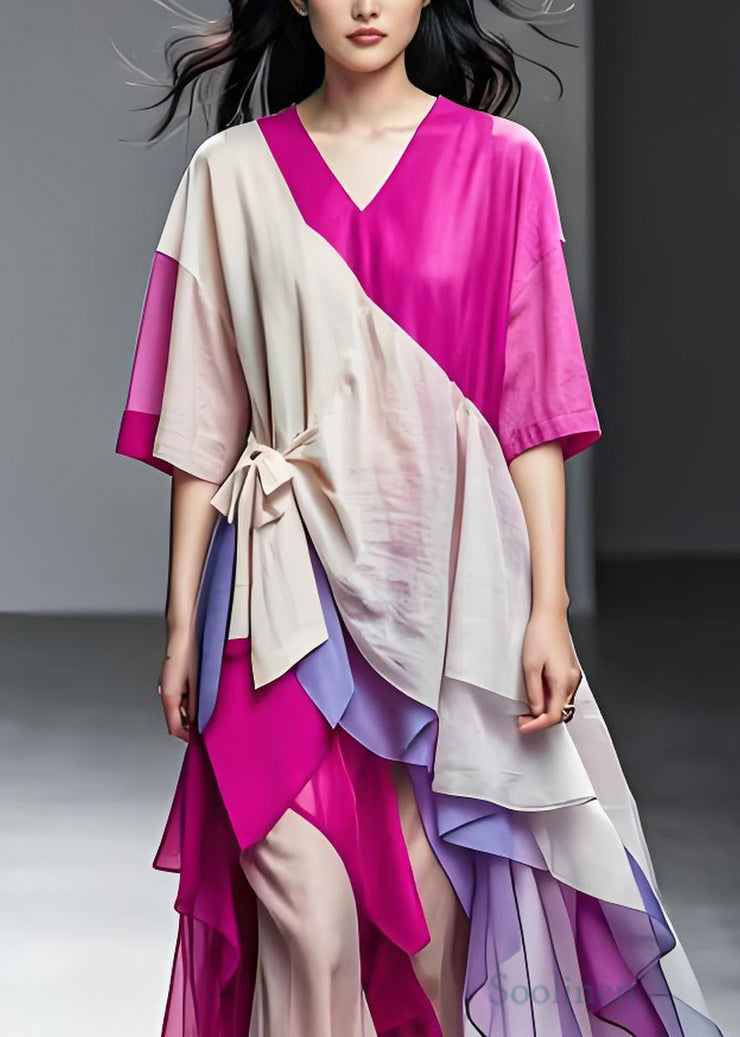 Art Colorblock Asymmetrical Patchwork Cotton Robe Dresses Summer