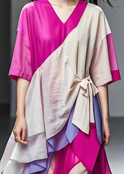 Art Colorblock Asymmetrical Patchwork Cotton Robe Dresses Summer