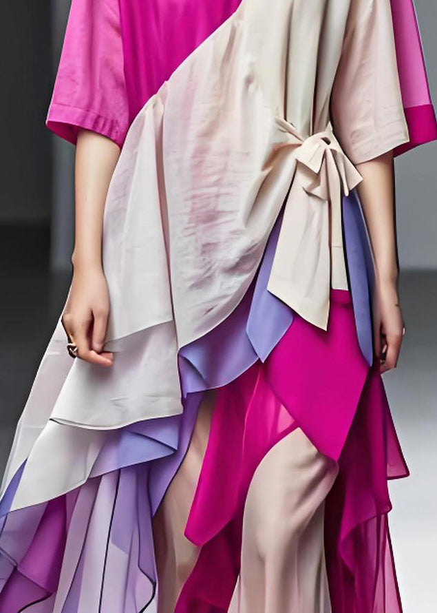 Art Colorblock Asymmetrical Patchwork Cotton Robe Dresses Summer