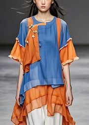 Art Colorblock Asymmetrical Patchwork Cotton Shirts Summer