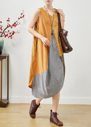 Art Colorblock Asymmetrical Patchwork Linen Dresses Sleeveless