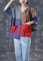 Art Colorblock Asymmetrical Patchwork Plaid Cotton Blouse Top Summer