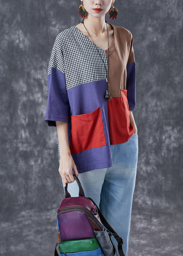 Art Colorblock Asymmetrical Patchwork Plaid Cotton Blouse Top Summer