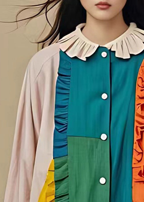 Art Colorblock Button Patchwork Cotton Coat Butterfly Sleeve