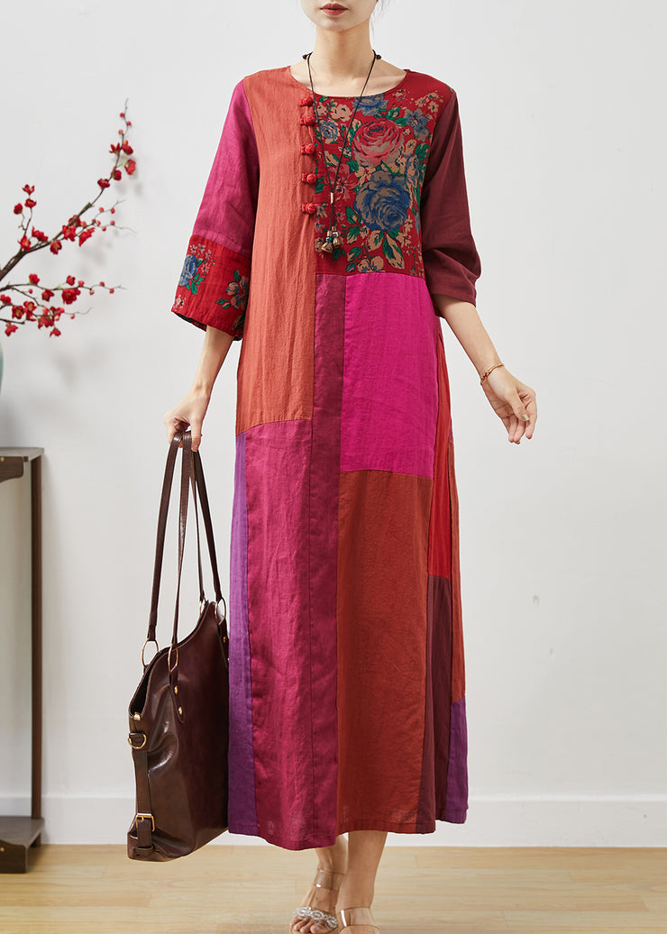 Art Colorblock Chinese Button Patchwork Linen Oriental Dresses Summer