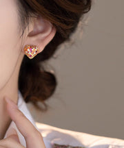 Art Colorblock Copper Alloy Zircon Love Stud Earrings